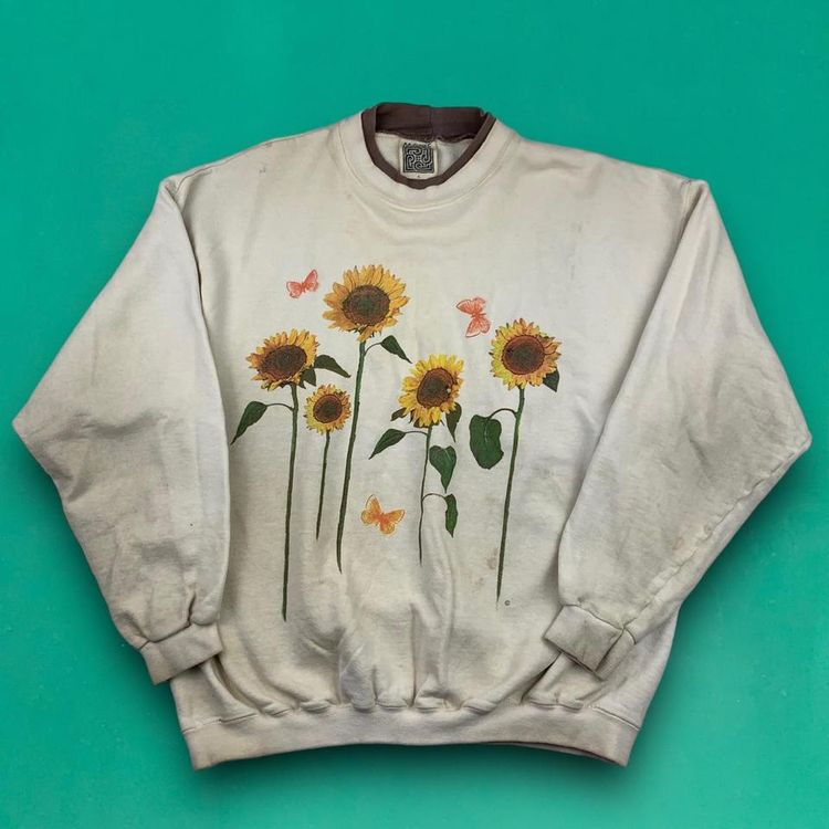 Maze Vintage 90s Cute Graphic Sunflower Sweatshirt Made in USA Beige L