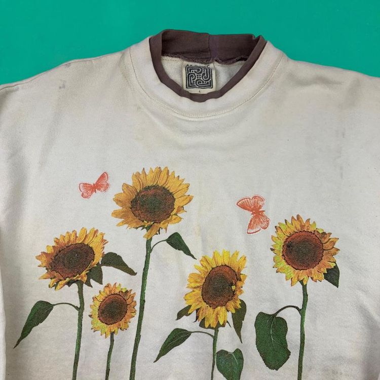 Maze Vintage 90s Cute Graphic Sunflower Sweatshirt Made in USA Beige L image 2