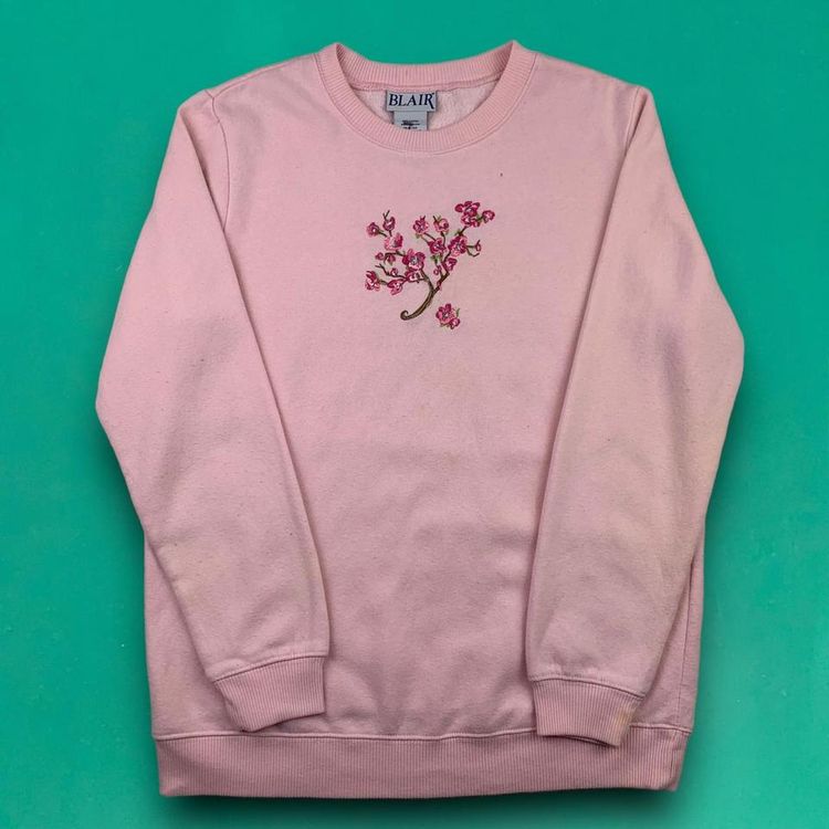 Blair Vintage 90s Cute Embroidered Cherry Blossom Sweatshirt Jumper Pink S