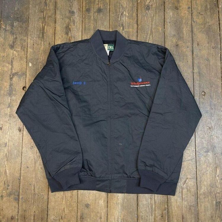 Vintage Bomber Jacket Full Zip Walgreens Pharmacy Workwear Coat, Grey, Mens 2XL