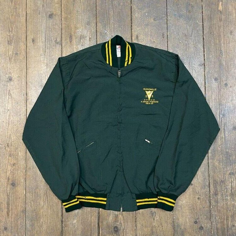 Vintage Bomber Jacket USA Varsity 90s Full Zip Sports Coat, Green, Mens Large