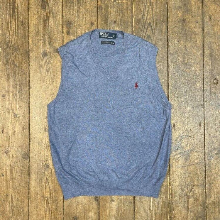 Ralph Lauren Polo Vest Jumper Cotton Knit V Neck Sweater, Blue, Mens Medium