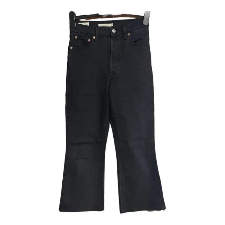 LEVIS PREMIUM RIBCAGE CROP FLARE Jeans W25 L26 Black Womens Button Fly Denim.