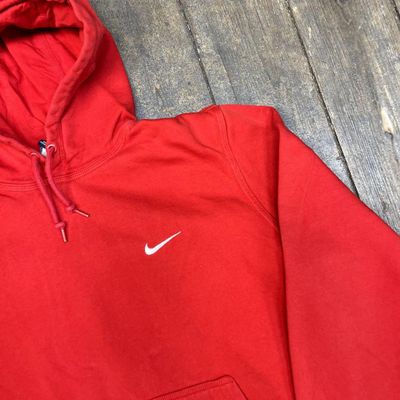 Nike Hoodie Vintage Y2K Small Swoosh Pull Over Sports Sweatshirt, Red, Mens XL 4
