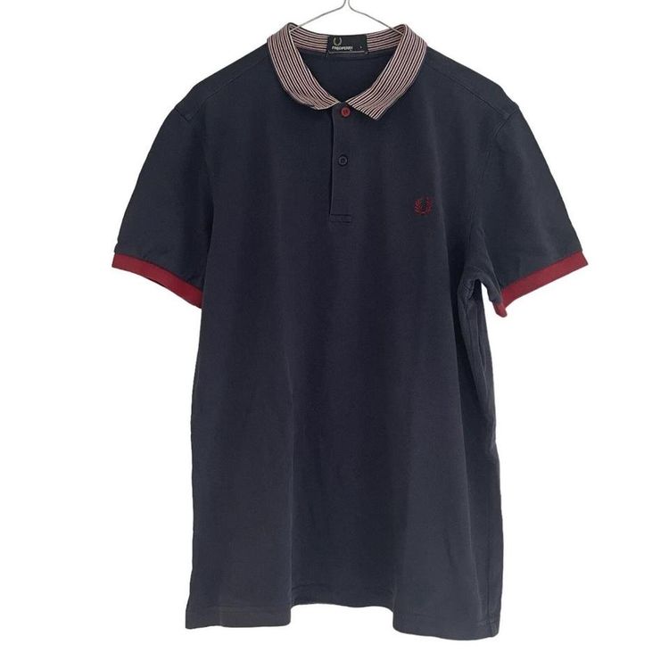 Fred Perry Mens Navy Blue & Red Polo Shirt Short Sleeve Embroidered Logo Large