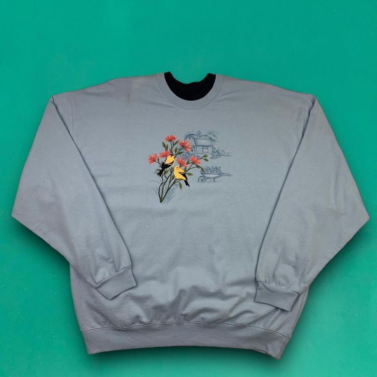 Pleasant Shade Vintage 90s Cute Embroidered Birds Farm Wildlife Sweatshirt Jumper Blue XL