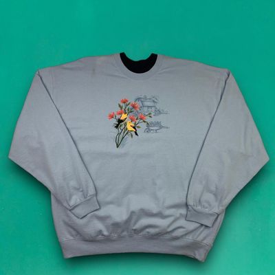 Pleasant Shade Vintage 90s Cute Embroidered Birds Farm Wildlife Sweatshirt Jumper Blue XL