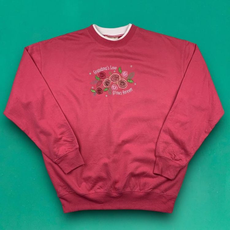 M&C Sports Vintage 90s Cute Embroidered Roses Grandma Sweatshirt Jumper Pink L