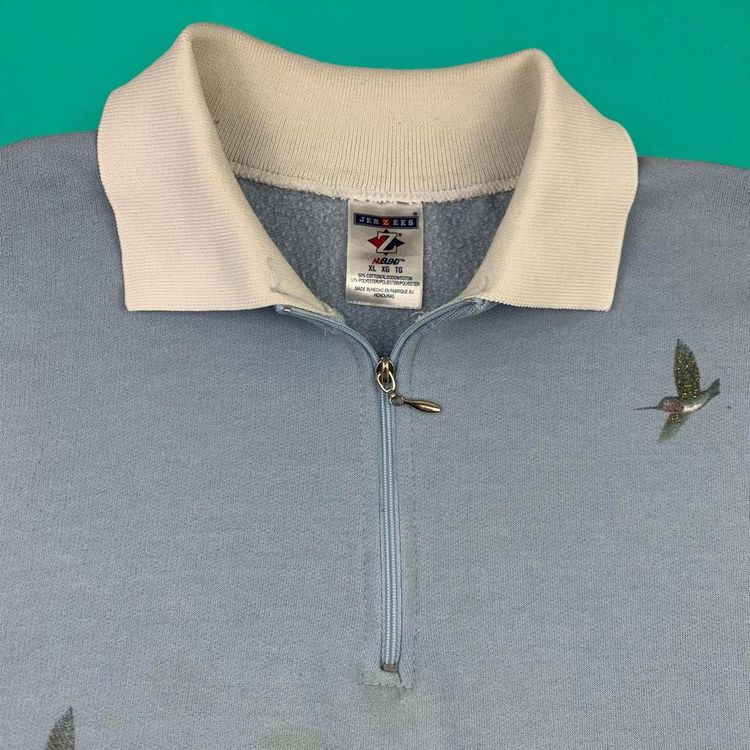Jerzees Vintage 90s Cute Embroidered Birds Wildlife Grandma 1/4 Zip Sweatshirt Jumper Blue XL image 3