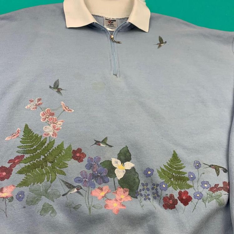 Jerzees Vintage 90s Cute Embroidered Birds Wildlife Grandma 1/4 Zip Sweatshirt Jumper Blue XL image 2