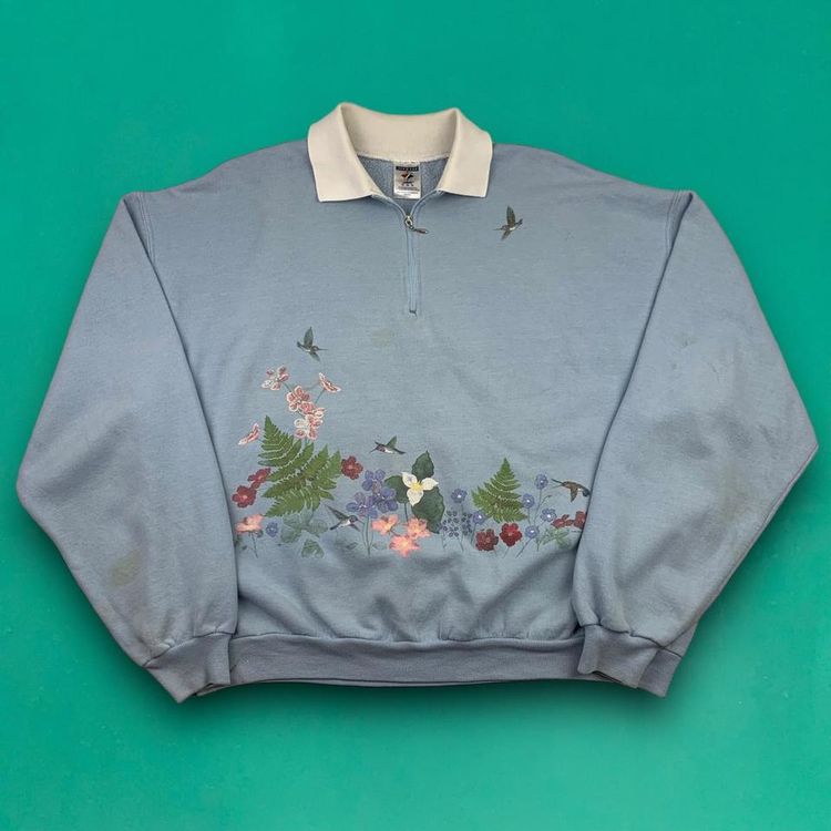 Jerzees Vintage 90s Cute Embroidered Birds Wildlife Grandma 1/4 Zip Sweatshirt Jumper Blue XL