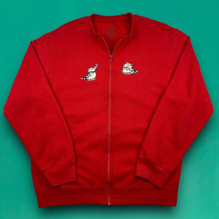 Fruit of the Loom BEST Vintage Cute Embroidered Cats Grandma Full Zip Sweatshirt Jumper Red M