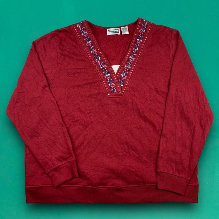 Shenanigans Vintage 90s Cute Embroidered Hippie Boho Kaftan Sweater Top Red XL