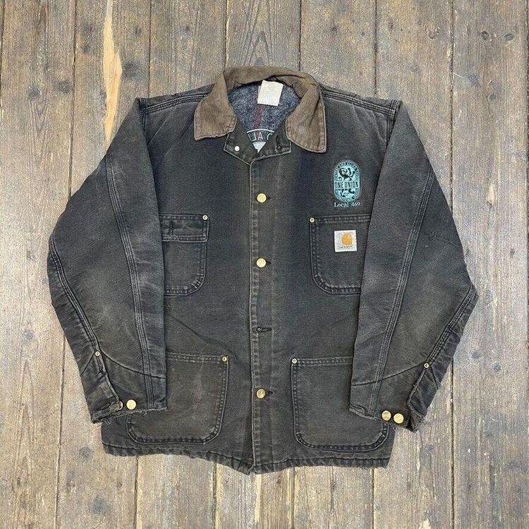 Carhartt Chore Jacket Carpet Lined Workwear Cord Collar Coat, Black, Mens Medium