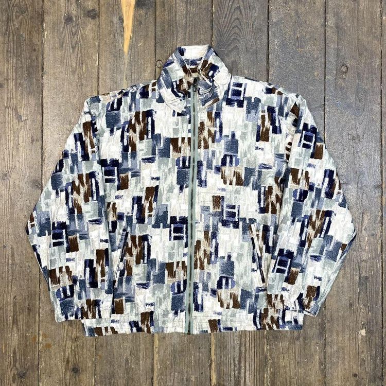 Vintage Bomber Jacket Abstract Pattern Full Zip Windbreaker, Green, Mens Medium