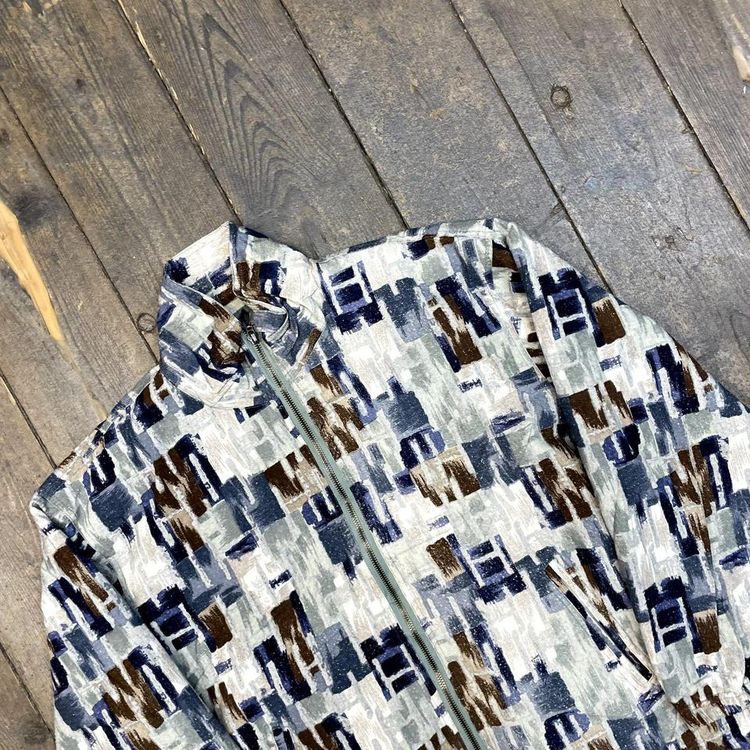 Vintage Bomber Jacket Abstract Pattern Full Zip Windbreaker, Green, Mens Medium image 3