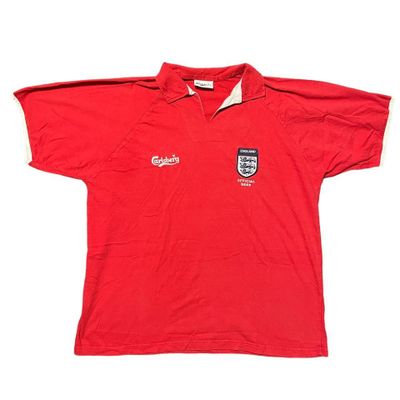 England Top Away Carlsberg Red Football Polo Shirt Jersey Mens Size XL Retro Vtg