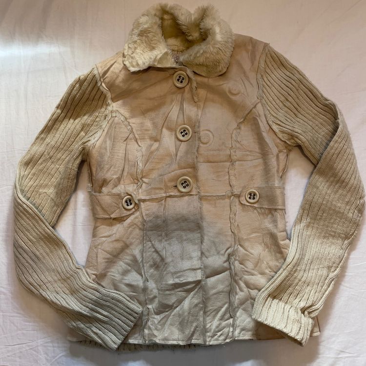 Y2K Faux Fur Cream Button Up Knit Jacket imagen 3