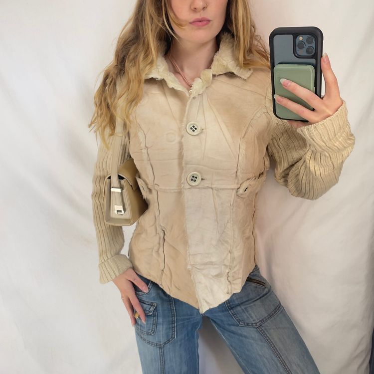 Y2K Faux Fur Cream Button Up Knit Jacket image 1