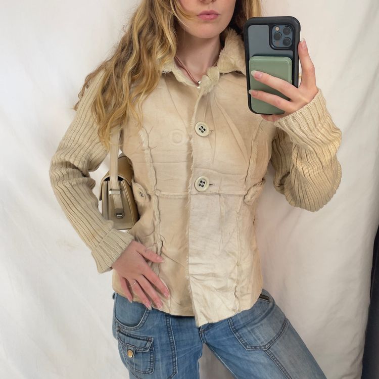 Y2K Faux Fur Cream Button Up Knit Jacket image 1