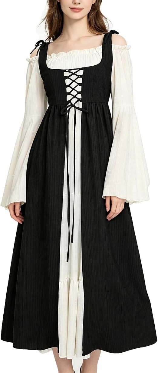Black And White Long Sleeve Lace-Up Dress image 2