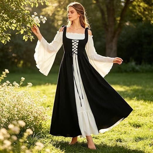 Black And White Long Sleeve Lace-Up Dress image 3