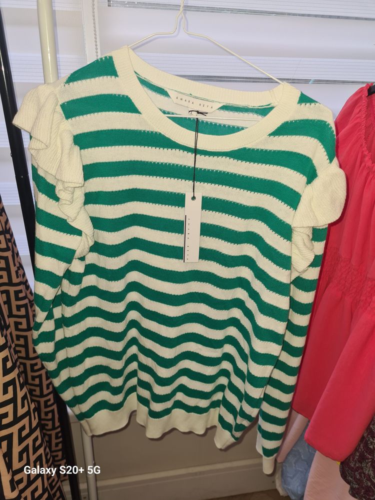 Green And White Striped Sweater image 1