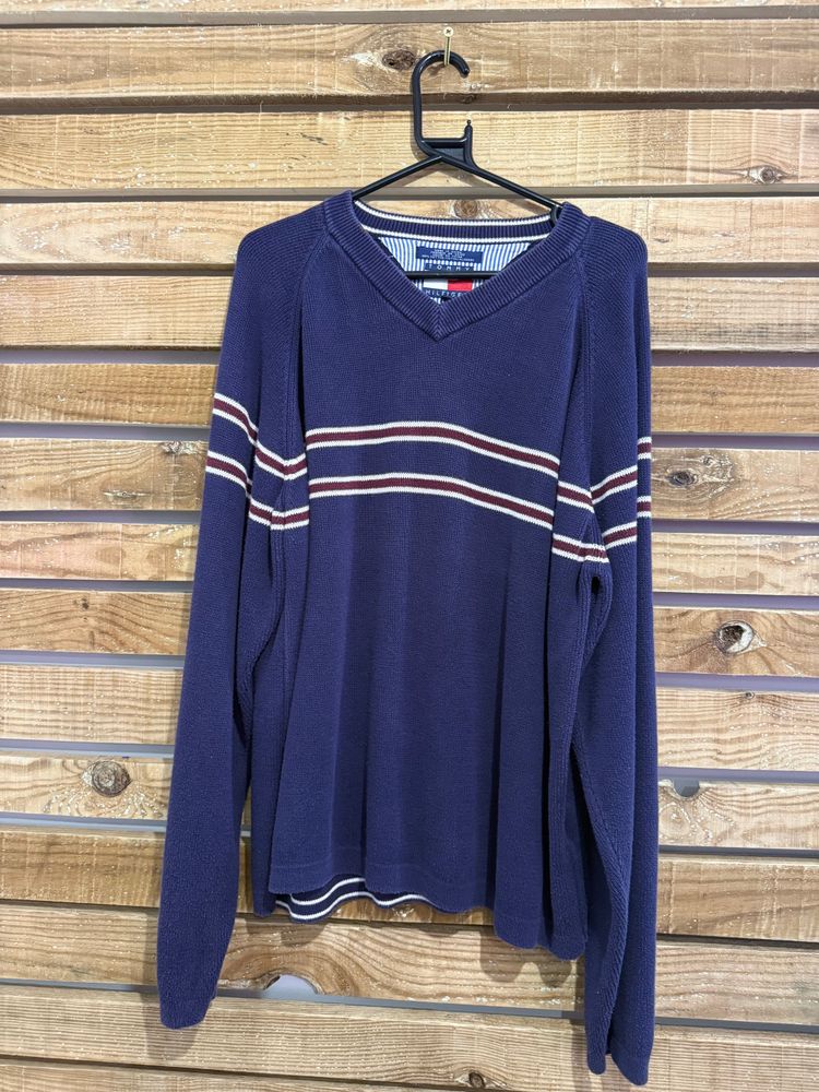Vintage 90s Tommy Hilfiger crewneck cotton jumper/ sweater. Blue Stripe. Size XXL