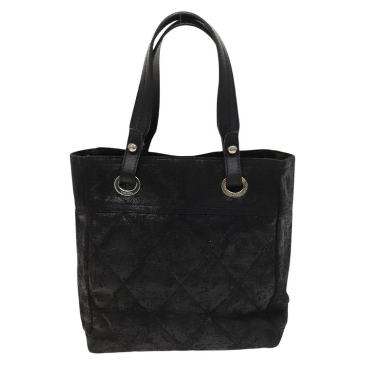 CHANEL Paris Biarritz Tote Bag Coated Canvas Black Silver CC Auth 129603 - Jerrillo image 2
