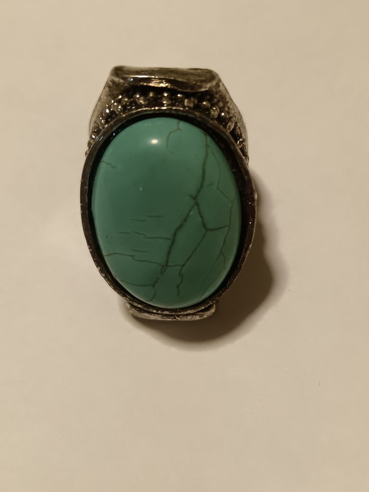 Anello vintage stile Boho con pietra ovale azzurro turchese craquelé obraz 2