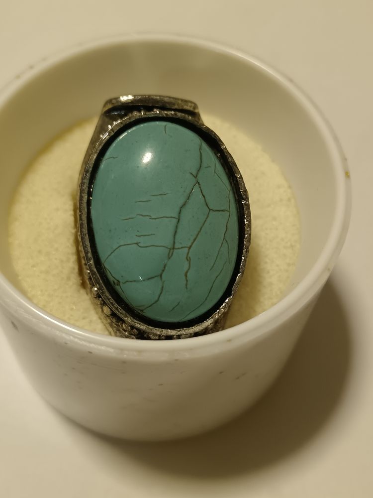 Anello vintage stile Boho con pietra ovale azzurro turchese craquelé obraz 4