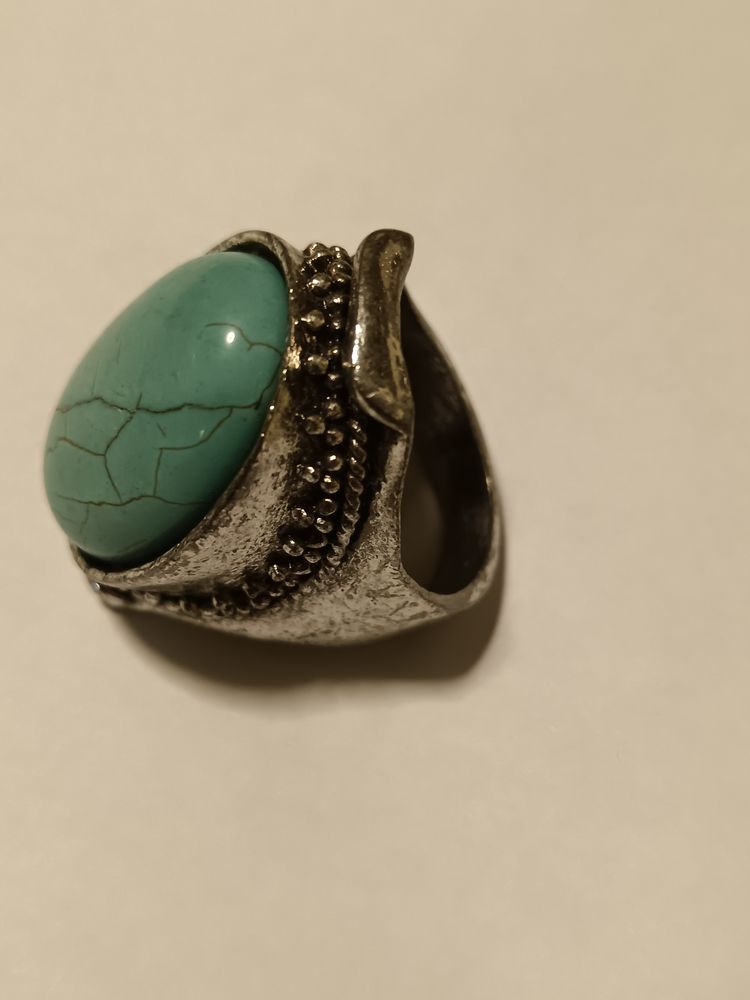 Anello vintage stile Boho con pietra ovale azzurro turchese craquelé obraz 3