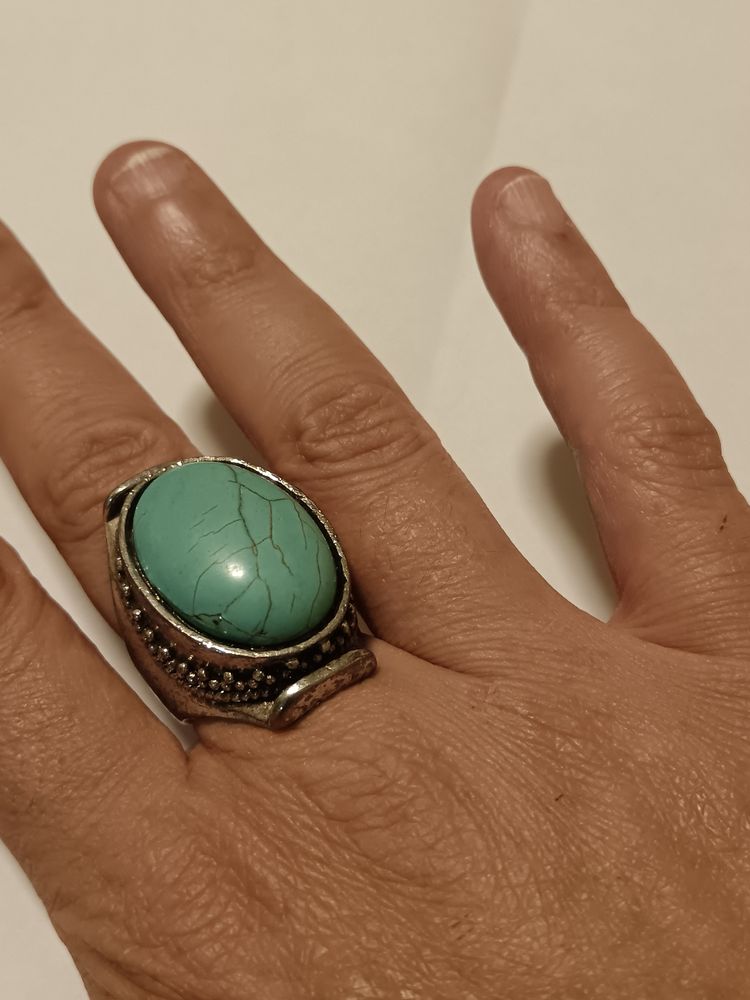 Anello vintage stile Boho con pietra ovale azzurro turchese craquelé obraz 5