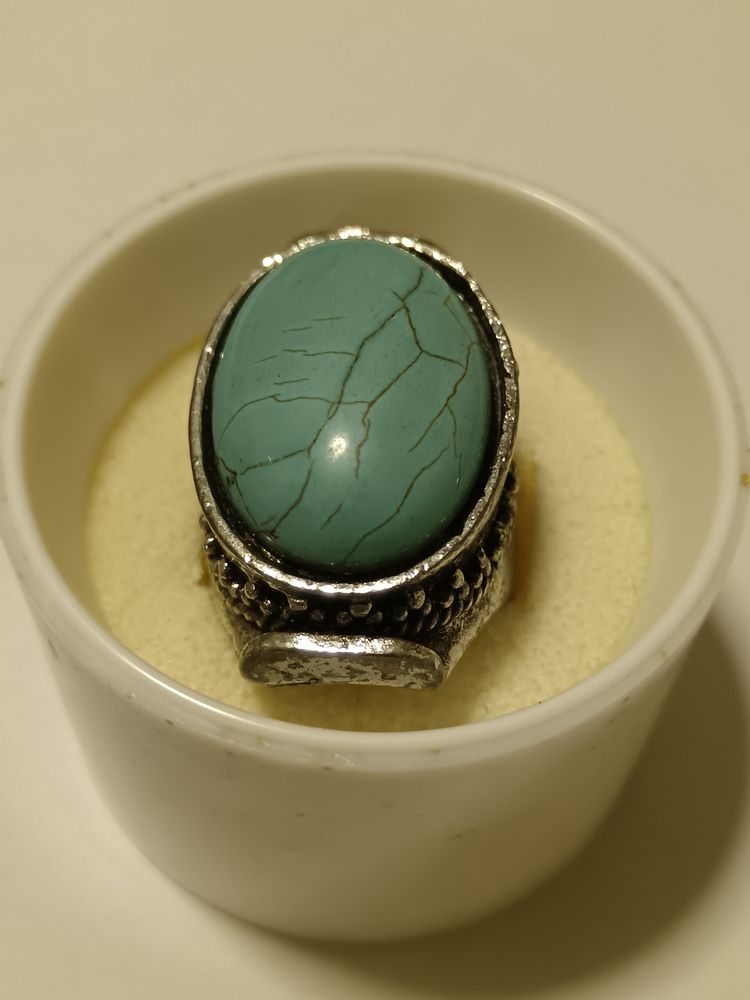 Anello vintage stile Boho con pietra ovale azzurro turchese craquelé obraz 1