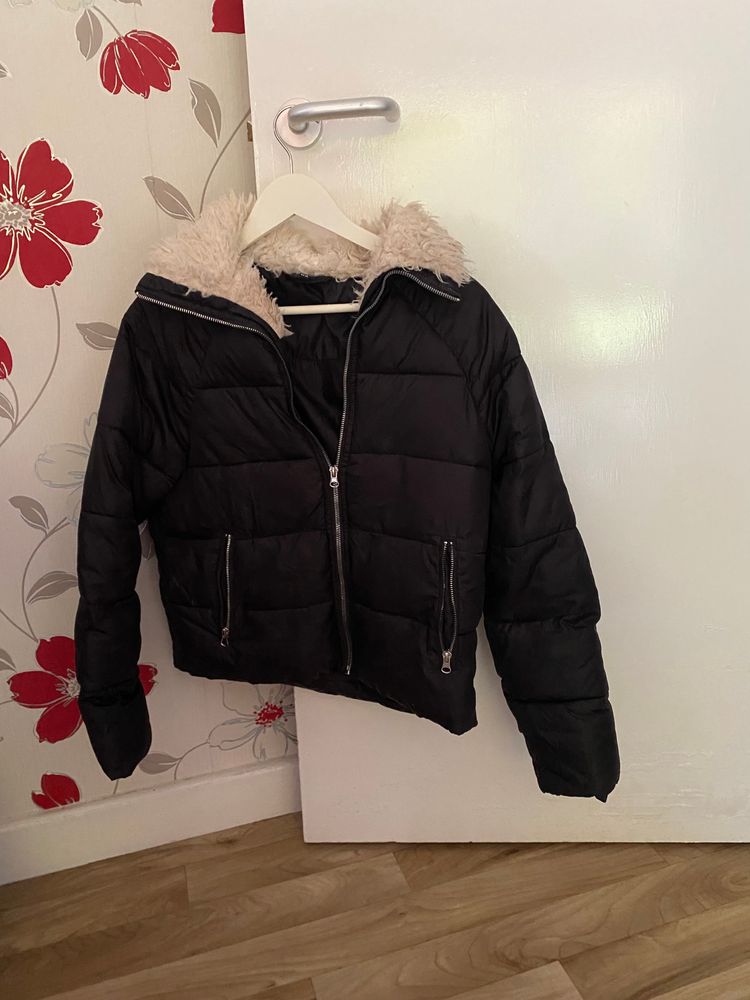 Pep co size 10 black puffer jacket with faux fur hood