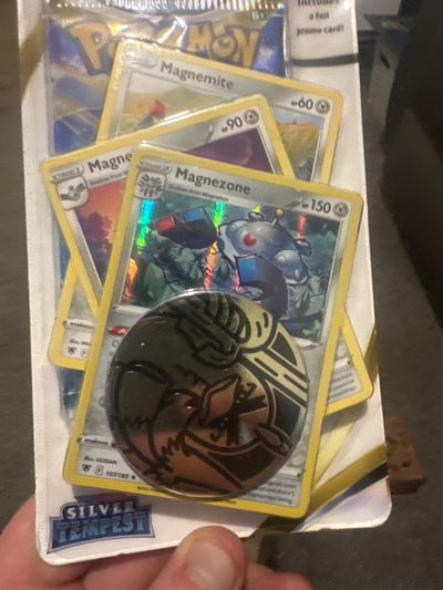 Pokemon silver tempest blister Trading Card Pack With magnamite, Magneton, Magnezone Cards And Pin Badge