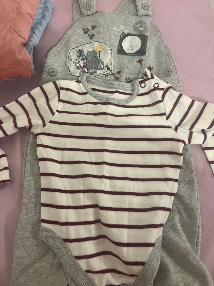Baby Striped Bodysuit And Grey Dungarees Set