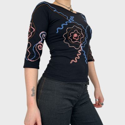 Save the Queen Black Bi-Material Mesh Swirl Top - S
