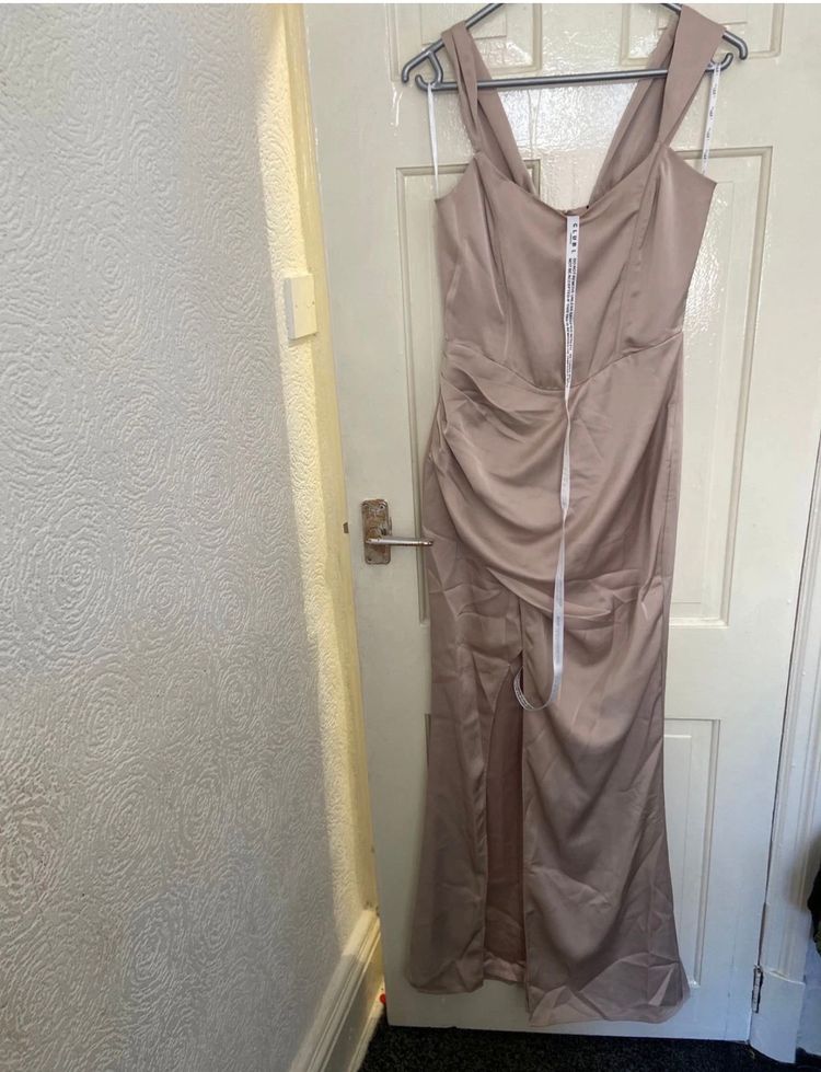 Beige Sleeveless Ruched Slit Dress uk 8 2