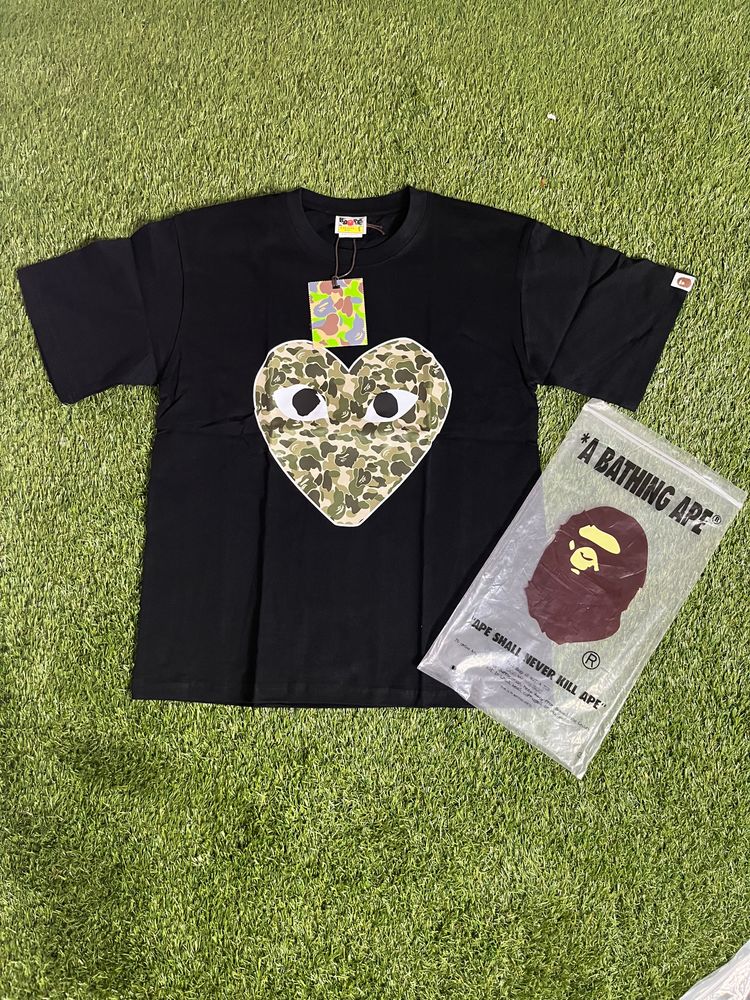A Bathing Ape Black T-Shirt With Camo Heart Design image 1