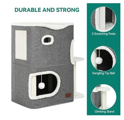 Cat Cave Bed with Scratching Post, Ball & Platform – Indoor Cat Tree Tower UK 3