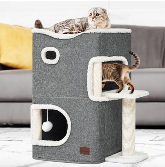 Cat Cave Bed with Scratching Post, Ball & Platform – Indoor Cat Tree Tower UK 7