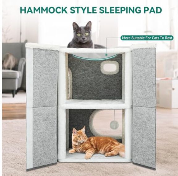 Cat Cave Bed with Scratching Post, Ball & Platform – Indoor Cat Tree Tower UK 2
