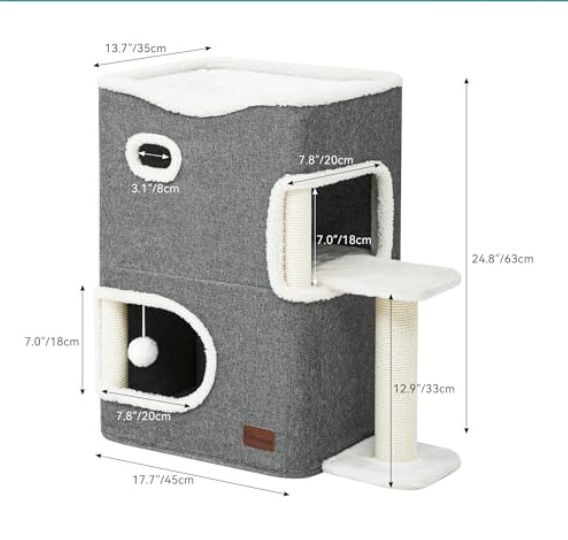 Cat Cave Bed with Scratching Post, Ball & Platform – Indoor Cat Tree Tower UK 5