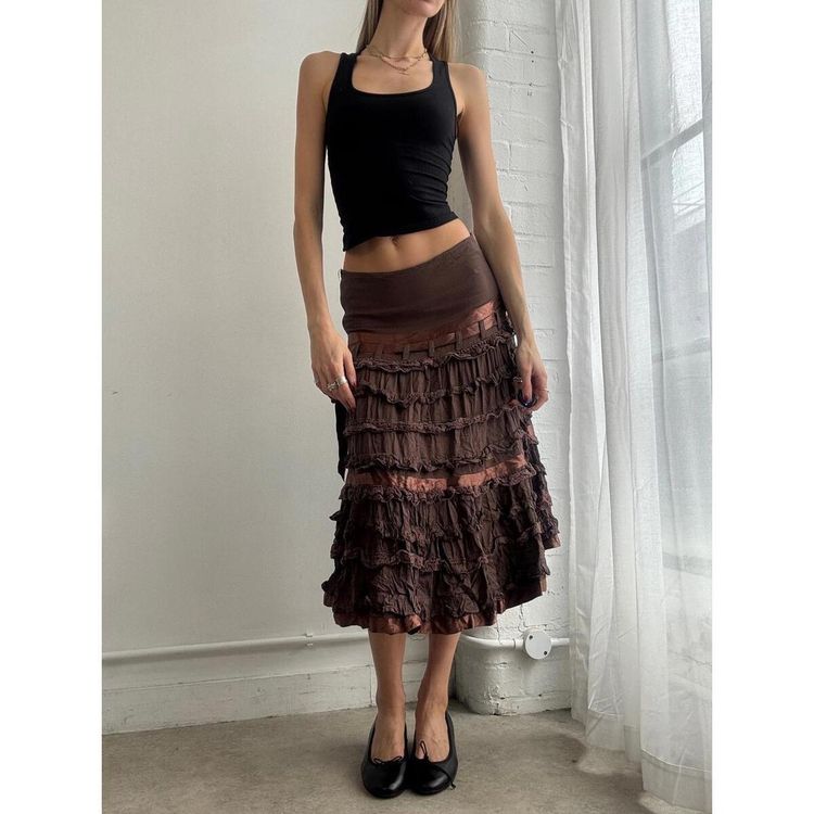 Brown Layered Midi Skirt