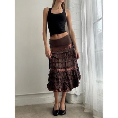 Brown Layered Midi Skirt