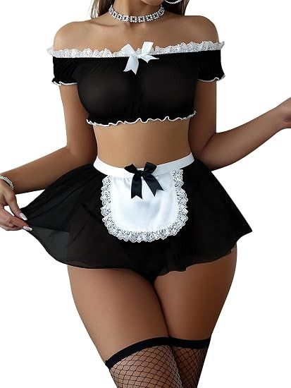 Immagine di Black Sheer Maid Costume Set With White Lace Apron And Bow 2