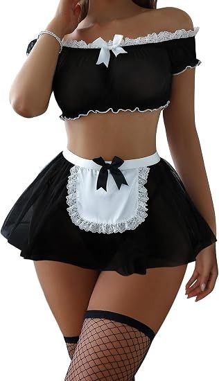 Immagine di Black Sheer Maid Costume Set With White Lace Apron And Bow 4