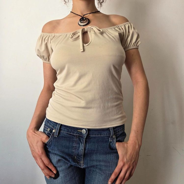 y2k slinky keyhole bardot beige off-shoulder top