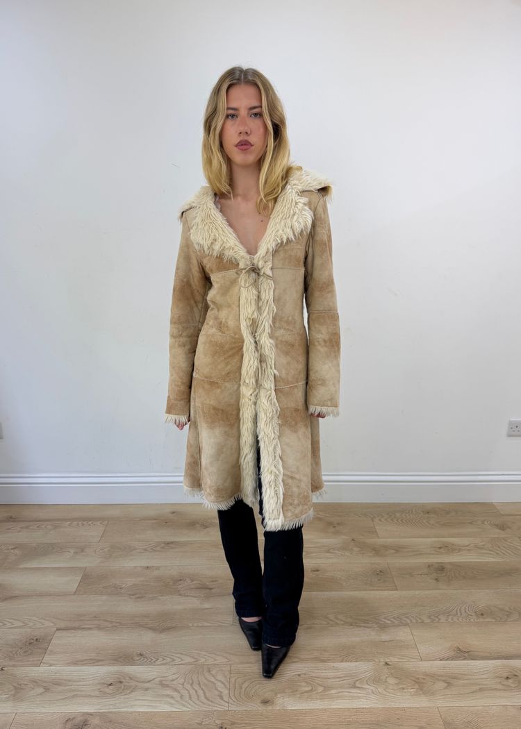 medium beige suede afghan coat with faux fur trim image 1
